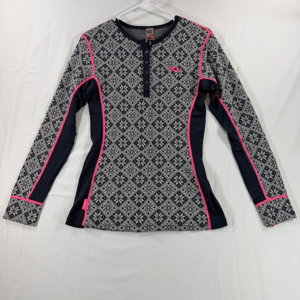 Kari Traa Rose 100% Merino Wool Henley Base Layer Top Grey Pink Nordic L